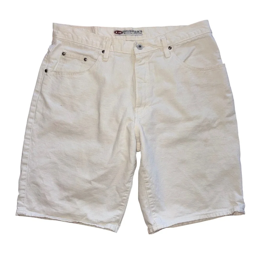 Y2K Unionbay Mens White Denim Shorts Size 34 Cotton Vintage Minor Flaws